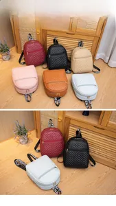 Detailed display of six colorful quilted mini backpacks with adjustable branded straps