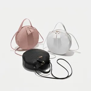Sac Bandoulière Rond Femmes Cuir PU Motif Litchi Sac À Main Circulaire Fermeture Éclair Sac À Épaule Mode Voyage Décontracté
