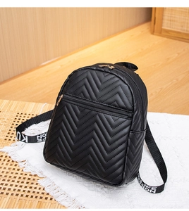 Detail of black PU leather mini backpack featuring V-quilted texture and Life Fashion straps