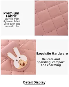 Detail of pink quilted PU leather bag featuring a cute metal rabbit-shaped buckle closure