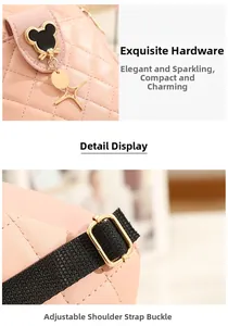 Detail of pink quilted backpack with a mouse-shaped metal clasp and adjustable straps