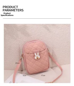 Pink quilted crossbody phone bag with rabbit buckle and dimensions 17cm x 20cm x 6cm