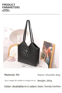 Close-up of black quilted PU leather shoulder bag with gold petal logo and metal hardware