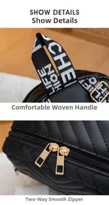 Detail of black quilted leather backpack with dual gold zippers and ribbon handle