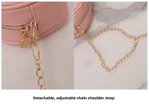 Détail du cuir rose grainé avec bandoulière en chaîne dorée amovible et réglable