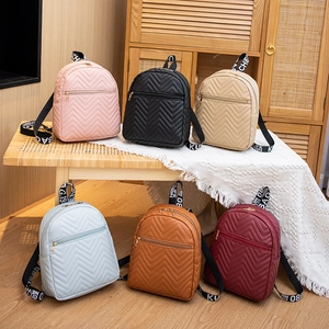 Women Mini Backpack PU Leather V Quilted Chevron Letter Straps Golden Zipper Fashion Casual Small School Bag For Girls