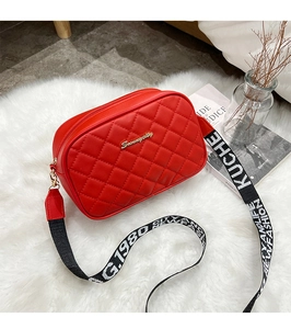 Detail of red quilted camera bag with gold logo and wide patterned shoulder strap