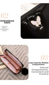 Macro detail of black glossy patent leather wallet with butterfly and pink interior slots