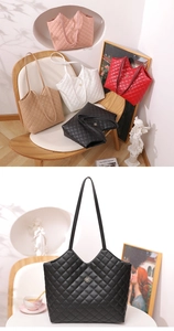 Close-up of quilted tote bag with metal flower clasp and elegant stitched diamond pattern