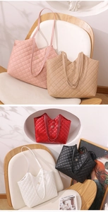 Quilted tote bags in multiple colors featuring gold floral logo and dual shoulder straps