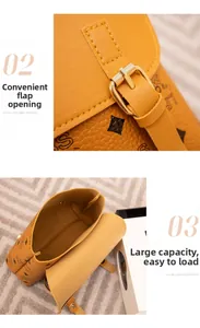 Dettaglio dello zaino in pelle cognac con chiusura a patta e ampio vano interno