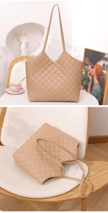 Quilted tote bag with clover logo shown in a lifestyle scene with a coffee cup