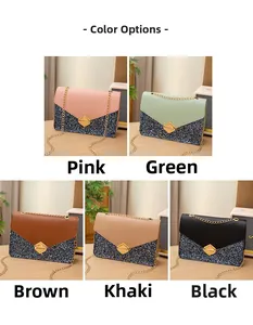 Detailed close-up of glitter sequins and gold geometric metal clasp on women's chain bags