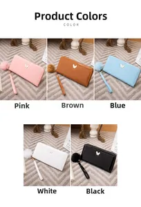 Collage showing long zip wallets in pink, brown, blue, white, and black with pompom charms