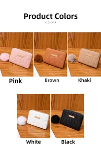 Color options of quilted leather wallets with maple embroidery and faux fur pom-pom