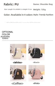 Detailed spec chart showing PU leather crossbody bag dimensions and four color options