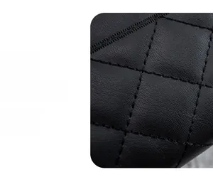 Close-up of black quilted leather texture and neat stitching on long wallet