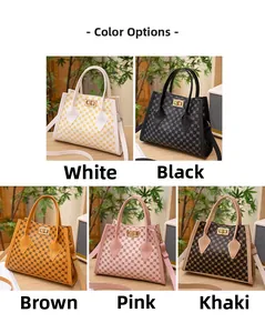 Collage of fashion printed tote bags in white, black, brown, pink and khaki colors
