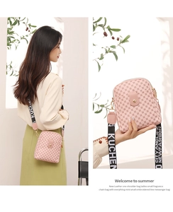 Pink mini crossbody bag with geometric prints and wide woven logo strap detail