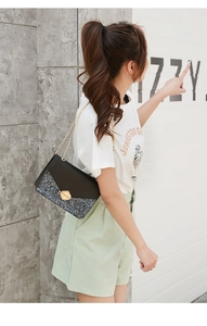 Detail of glittery sequin texture and golden metal clasp on a stylish crossbody bag