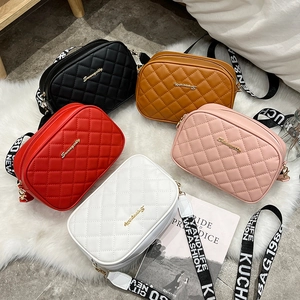 Women PU Leather Rhombus Quilted Crossbody Bag With Wide Letter Print Strap Gold Tone Hardware Stylish Camera Bag