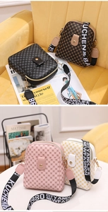 Classic patterned crossbody bags in four colors with wide branded textile straps