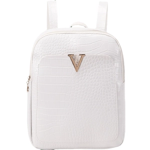 White faux leather crocodile pattern backpack with gold V logo and square structure