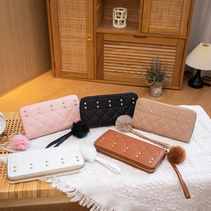 Women Long Wallet PU Leather Quilted Diamond Lattice Gold Rivets Zipper Clutch Purse With Pom Pom And Wrist Strap