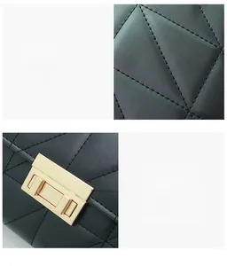 Close-up of diamond quilted black handbag with gold metal lock and precision stitching