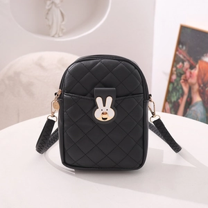Black quilted crossbody phone bag with cute bunny clasp and slim shoulder strap