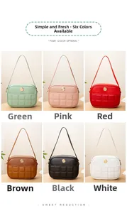 Detail view of quilted PU leather crossbody bags with gold buckles in six elegant colors