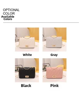 Diamond quilted chain bag detail showing four optional colors: white, grey, black, and pink