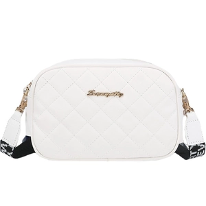 White quilted crossbody camera bag with gold logo and geometric pattern wide strap