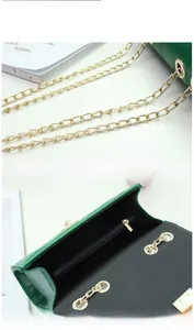 Detail view of the green quilted flap bag showing golden chain strap and inner pockets