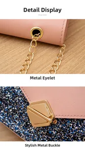 Close-up of golden hexagonal swivel lock and sequins on pink leather crossbody bag