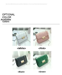 Quilted chain shoulder bag detail showing white, pink, black and green color options