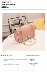Detailed size specifications and pink quilted PU leather material of the chain handbag