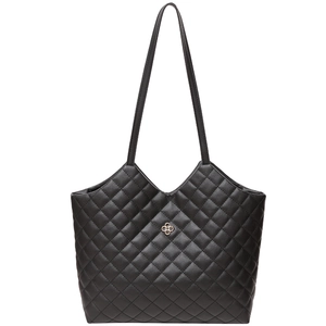 Black quilted tote bag with golden clover logo and dual shoulder straps on white background