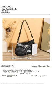 Détails de l'ensemble sac bandoulière en cuir PU matelassé noir avec dimensions et téléphone
