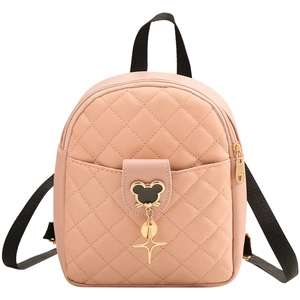 Pink quilted PU leather mini backpack for women with iconic character charm and gold zippers