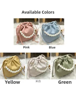 Litchi pattern bucket bags in five colors with pearl handles and drawstring closure