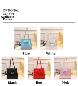 Detailed grid showing five colors of holographic laser tote bags with metal texture