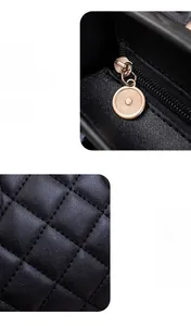 Detail of smooth gold metal zipper puller and quilted diamond texture on black handbag