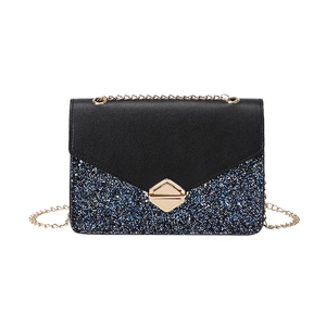 Classic sequin crossbody bag with black leather and blue-silver glitter panels