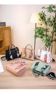 Quilted crossbody bags in five colors with silk scarves and stylish fabric straps