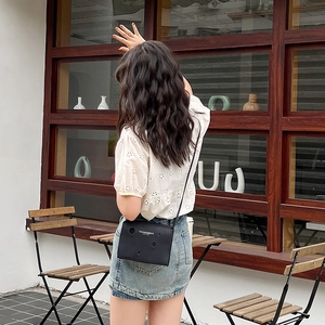 Minimalist black hollowed cheese style crossbody mini bag with fashion text print