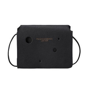 Black leather crossbody bag with unique hollow-out design and gold letter printing