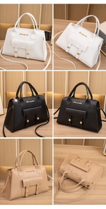 Viste dettagliate delle borse Boston in bianco, nero e beige con finiture in metallo oro