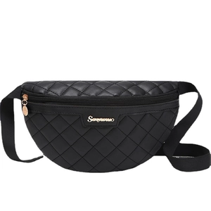 Black quilted waist bag with diamond pattern and adjustable strap on white background