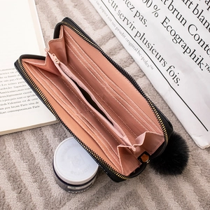 Long mirror leather wallet for women with card slots, zipper coin pocket and fur ball charm